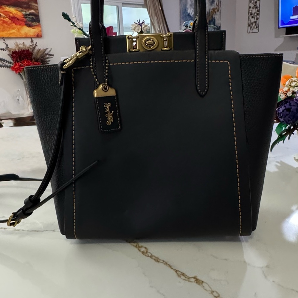 Coach Black Leather Tote with Gold Accents